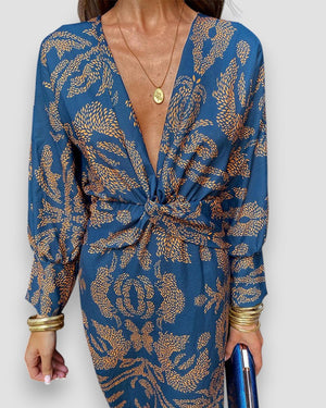 Comfy Familly Mariana - Elegant V-neck Dress Blue / S