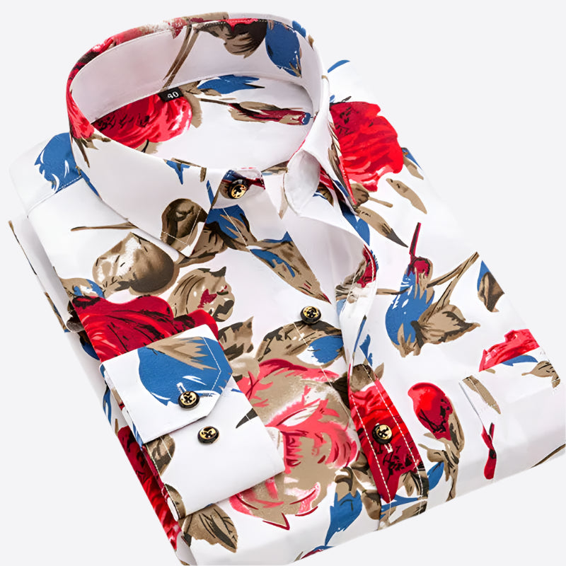 Comfy Familly Ramsgate - Classic Pattern Shirt White with Red &amp; Blue Floral Print / S