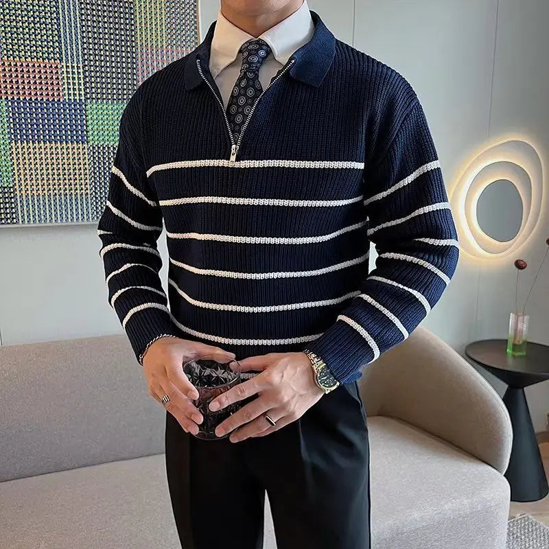 Comfy Family Autumn Winter Men&#39;s Fashion Vintage Striped Business Casual Knitted Sweater Male Polo Collar Half Zip Long Sleeve Slim Pullovers