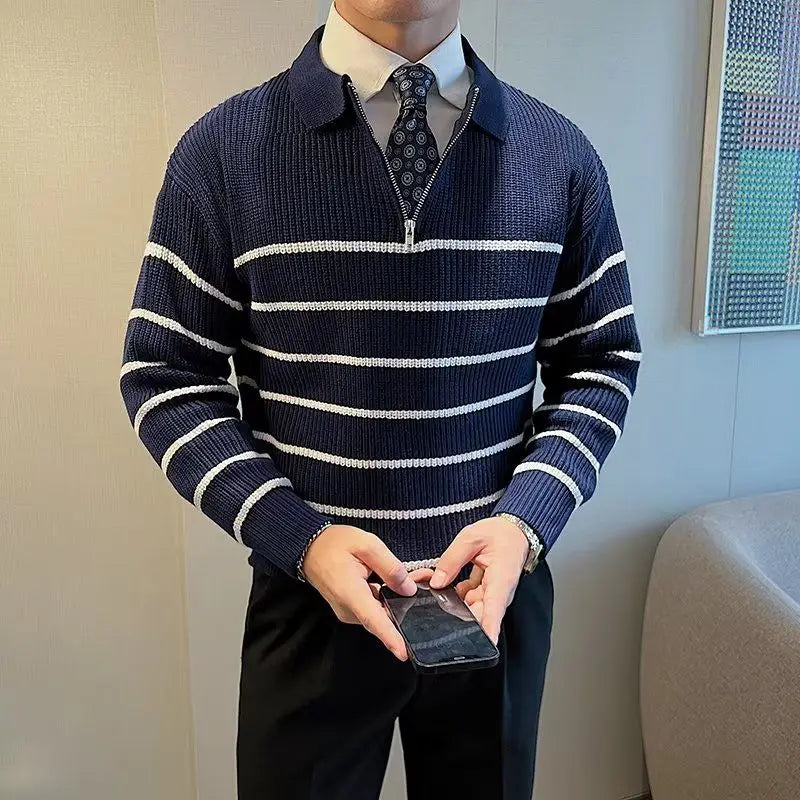 Comfy Family Autumn Winter Men&#39;s Fashion Vintage Striped Business Casual Knitted Sweater Male Polo Collar Half Zip Long Sleeve Slim Pullovers