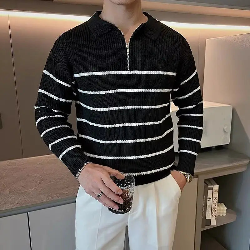 Comfy Family Autumn Winter Men&#39;s Fashion Vintage Striped Business Casual Knitted Sweater Male Polo Collar Half Zip Long Sleeve Slim Pullovers