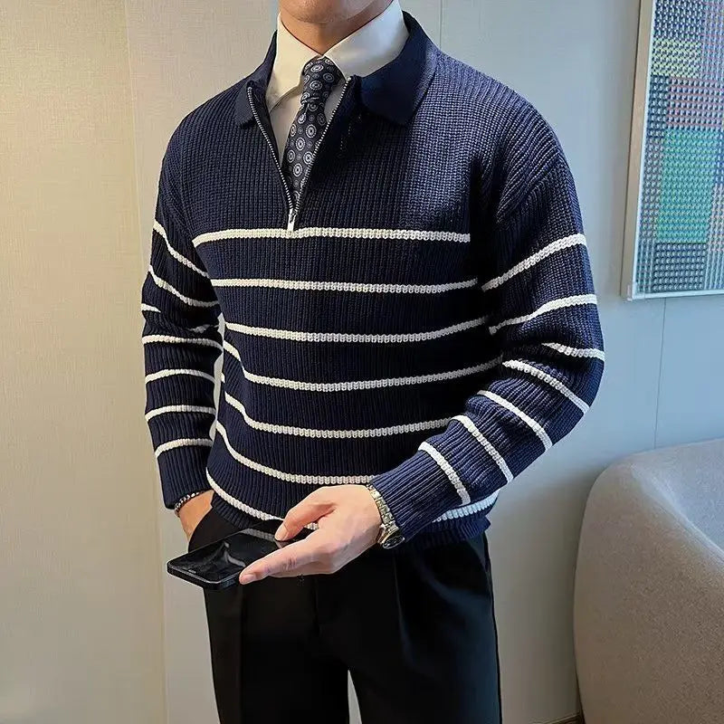 Comfy Family Autumn Winter Men&#39;s Fashion Vintage Striped Business Casual Knitted Sweater Male Polo Collar Half Zip Long Sleeve Slim Pullovers Navy Blue / XS