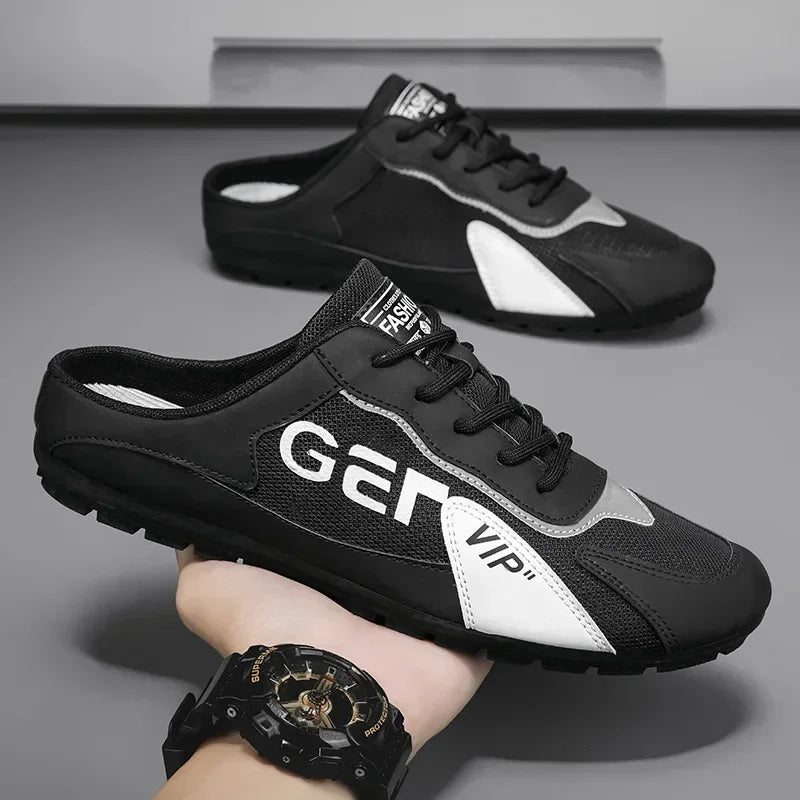 Comfy Family Men Slippers Trend Baotou Shoes for Men Summer Breathable Casual Shoe Vulcanized Flats Male Sneakers Half Slip-on Shoes Black men slippers / 46