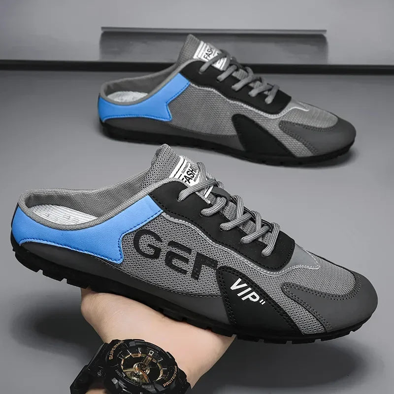 Comfy Family Men Slippers Trend Baotou Shoes for Men Summer Breathable Casual Shoe Vulcanized Flats Male Sneakers Half Slip-on Shoes Grey men slippers / 46