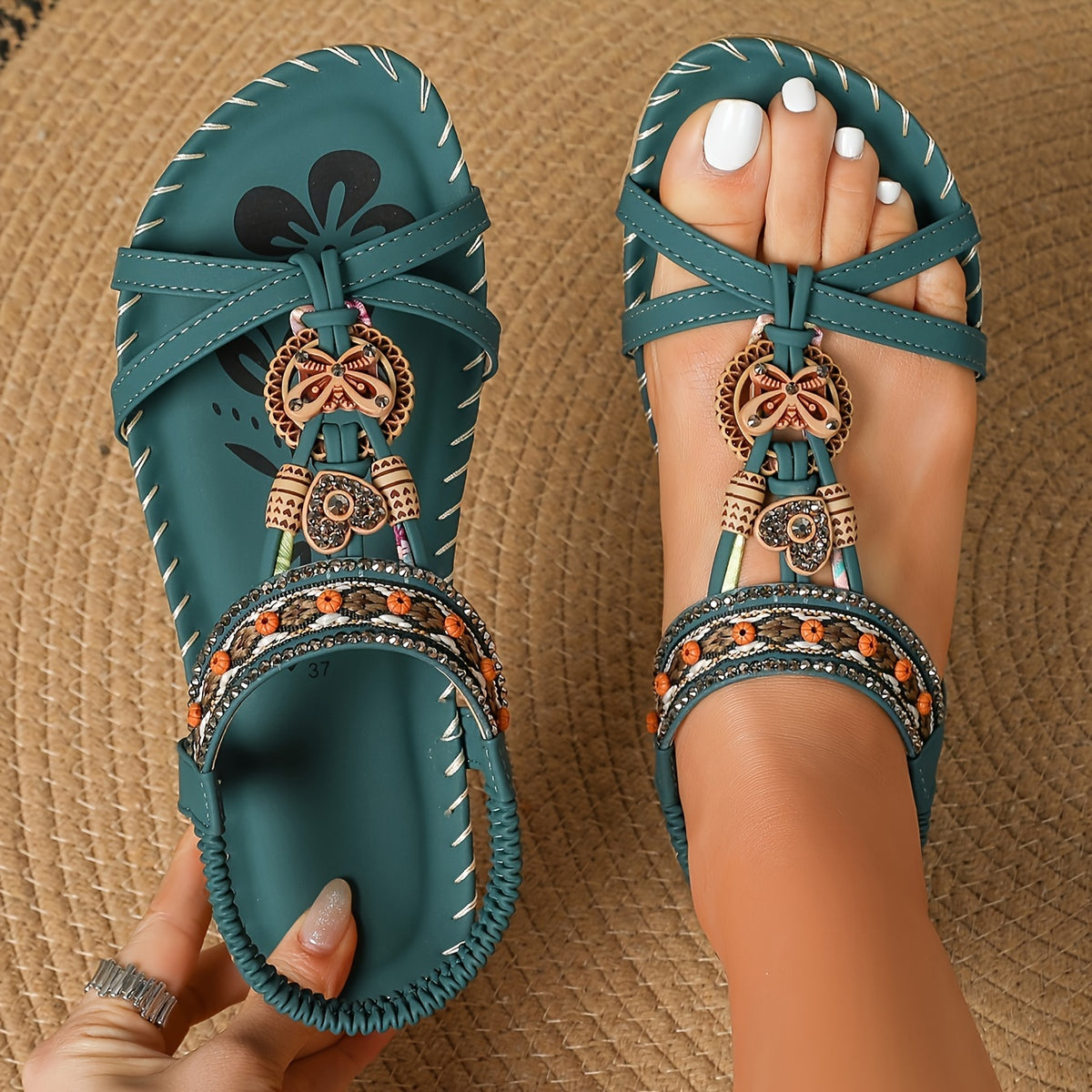 Comfy Family Serena - Boho Flat Sandals UK 8.5 / Malachite Green