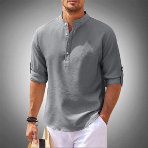 Julian Porter Theo - Long Sleeve Linen Polo Gray / S
