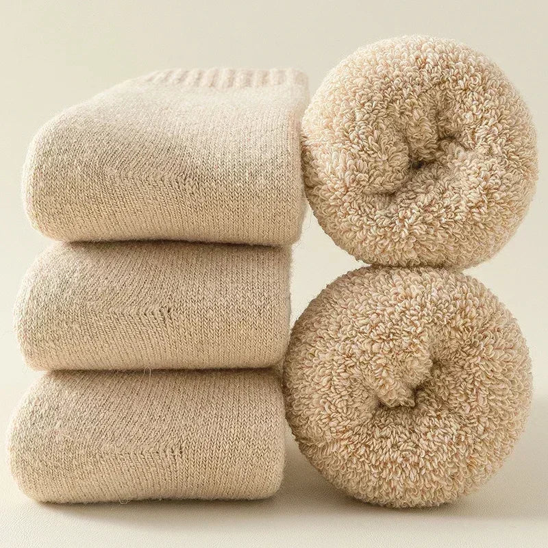 Overlane 3 Pairs Men Women Wool Socks Couples Solid Winter Snow Chrismas Gift Thermal Cashmere Marino Thickened Fleece Terry Loop socks Khaki / EU44-46