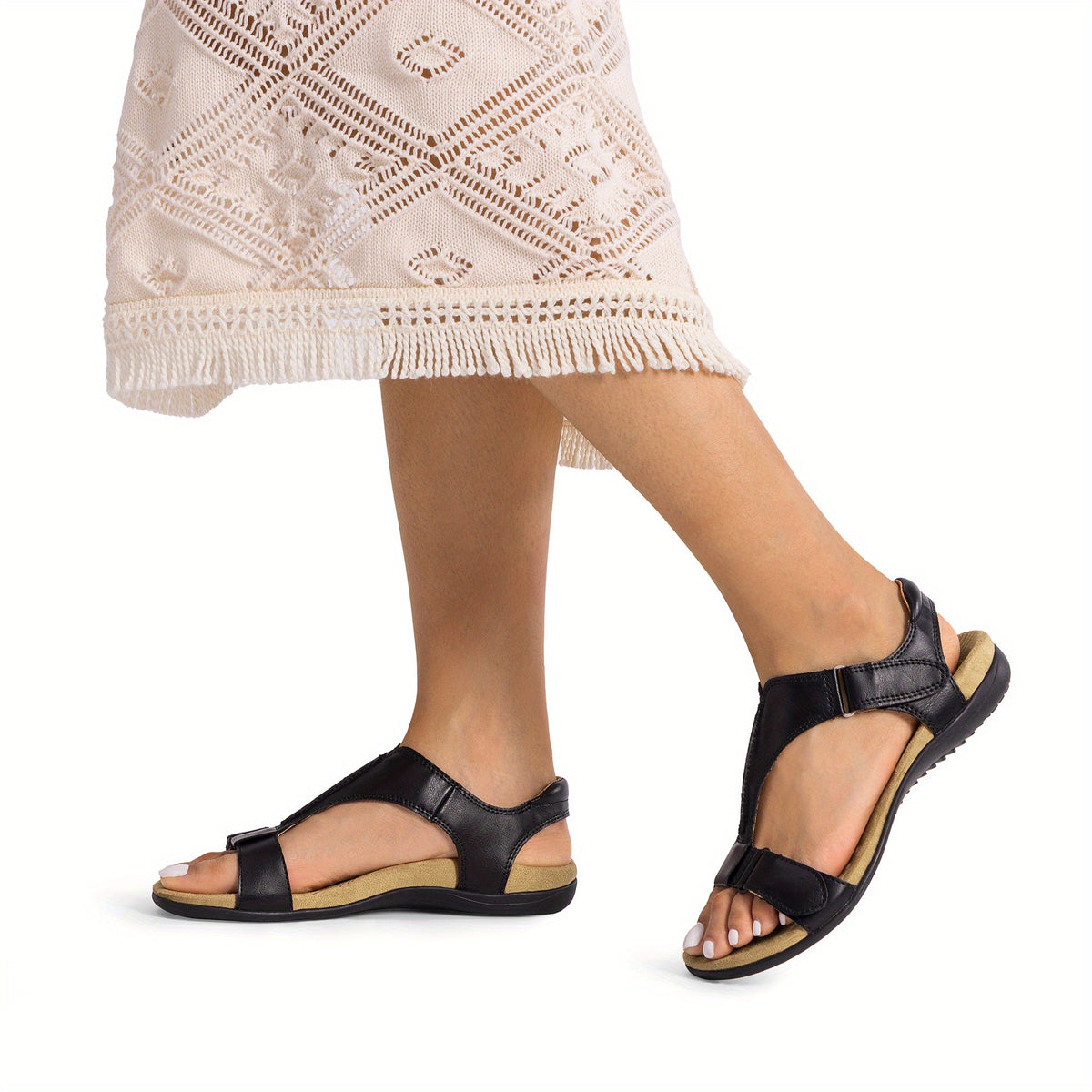 Overlane Womens Sandals Arch Support T-Strap Orthopedic Flat Sandals Comfortable Summer Shoes Featuring A Convenient Hook-And-Loop Strap Comfortable Flat Sandals Summer Sandals